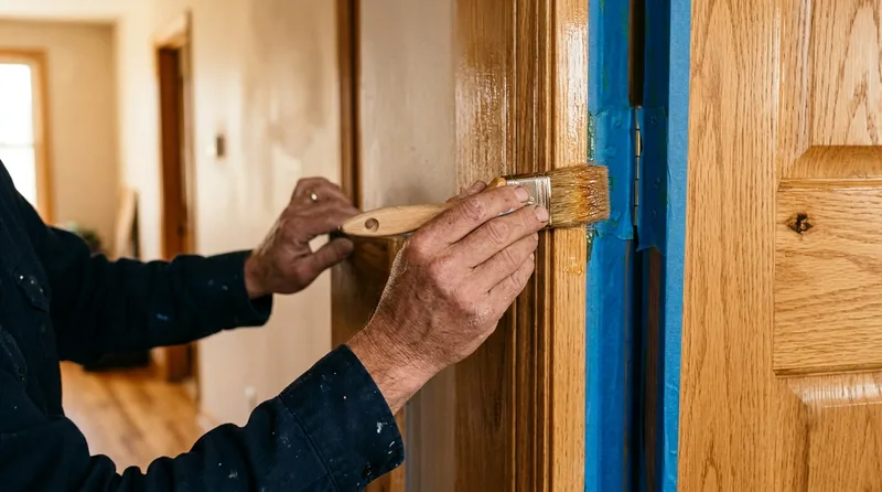Schilder lakt met een kwast een houten binnendeur af